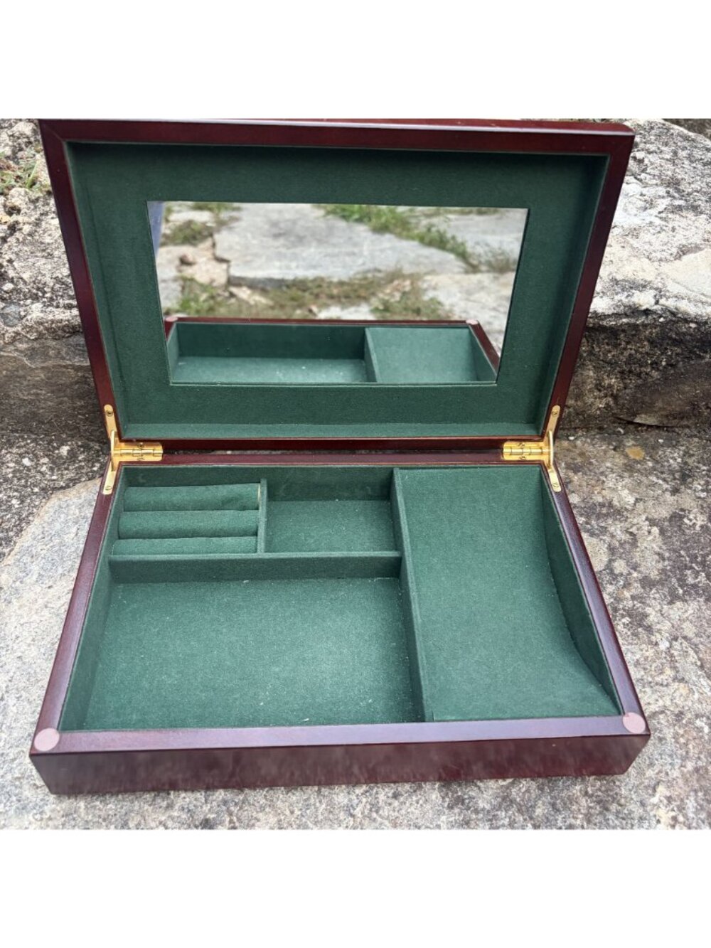 Wooden Jewelry Box Mirror Green Velvet Interior Multiple Compartments Storage - Picture 3 of 15